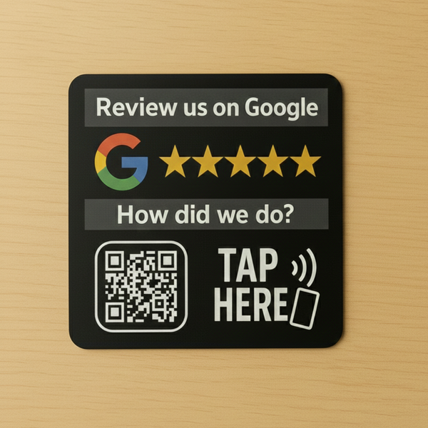 CAN-TAP NFC Google Review kit with 3-inch acrylic circle and QR code backup on retail checkout counter
