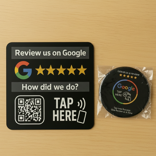 Business owner holding CAN-TAP NFC review card showing tap-to-review functionality