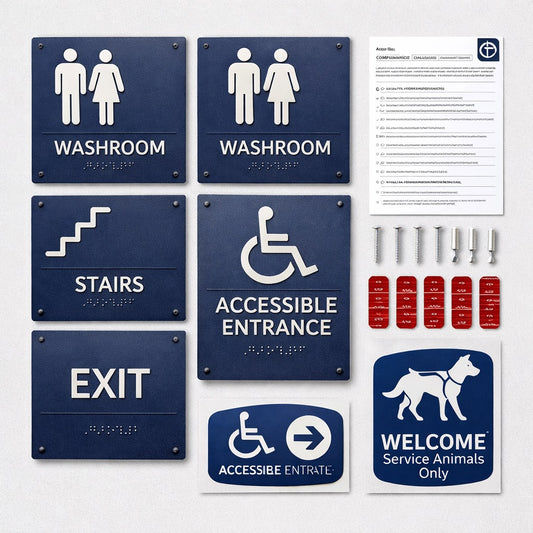 All-in-one AODA Compliance Signage Kit for Ontario businesses including tactile Braille washroom signs