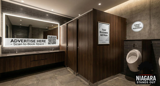 Washroom Advertising Revenue Kit luxury restroom advertising niagara digital mirror
