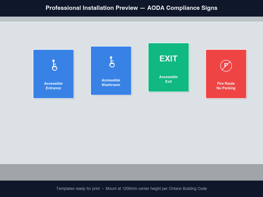 AODA compliance signs professionally installed in Ontario commercial building hallway showing accessible entrance and washroom signs