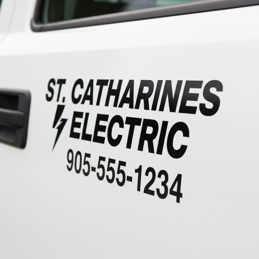 Close-up of vinyl door lettering for St. Catharines electrician - black text on white truck door