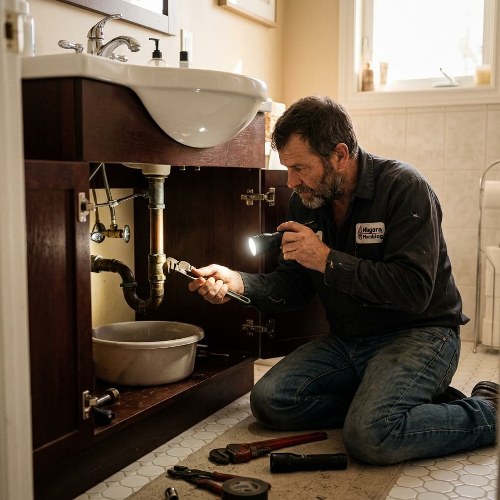 Plumbing professional in Lethbridge, Ontario — editorial portrait.
