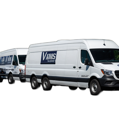 Fleet vehicle decal kit - matching branded decals on row of work trucks and vans