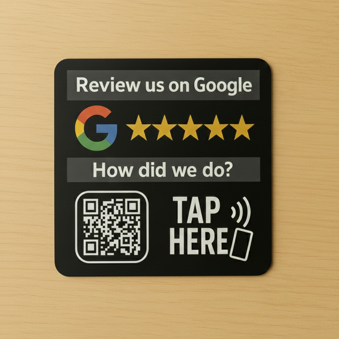 CAN-TAP NFC Google Review kit with 3-inch acrylic circle and QR code backup on retail checkout counter