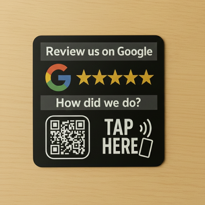 CAN-TAP NFC Google Review kit with 3-inch acrylic circle and QR code backup on retail checkout counter