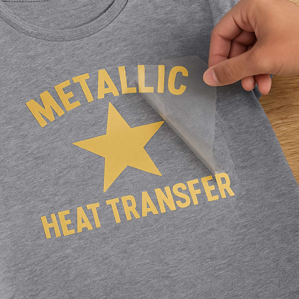 A close-up view of a hand peeling away a metallic star design from a sheet of gold, silver, and rose gold printable HTV, showcasing the vibrant colors and smooth texture of the metallic heat transfer vinyl, ideal for custom garment printing and creative p