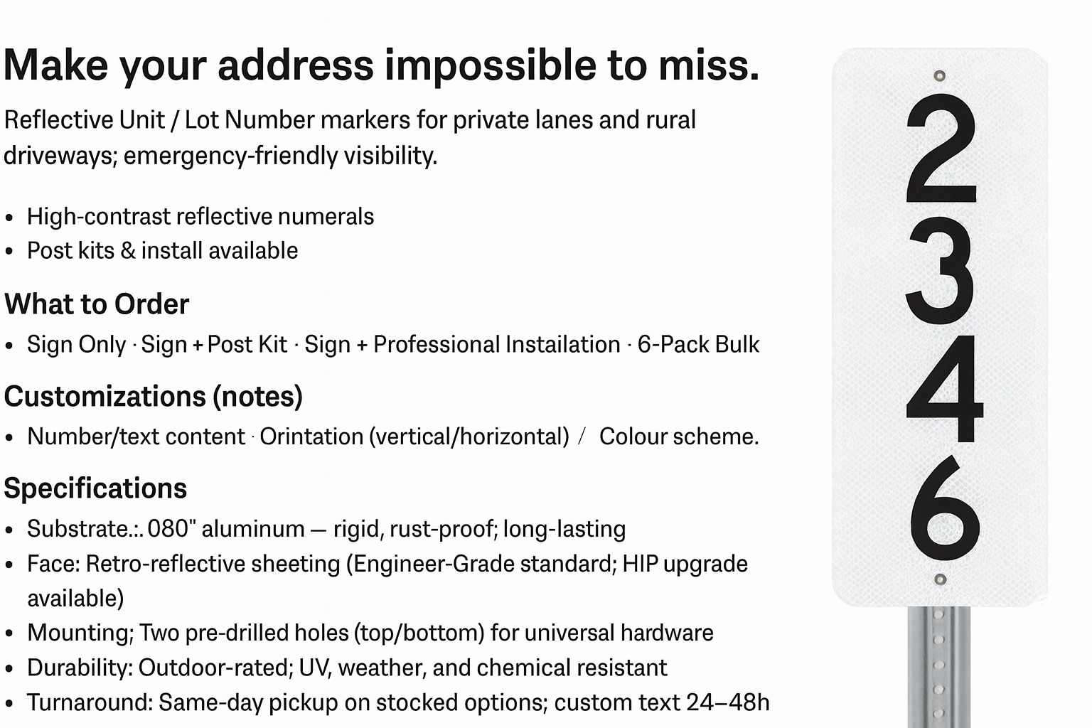 Unit / Lot Number & Private Lane Address Markers (Niagara) Niagara Stands Out