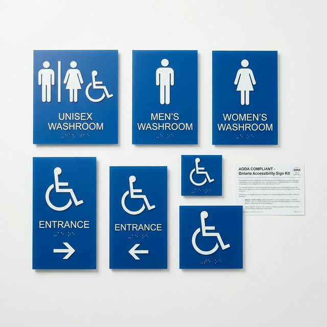 AODA accessibility sign kit - 6 blue washroom and entrance signs with wheelchair symbols and braille