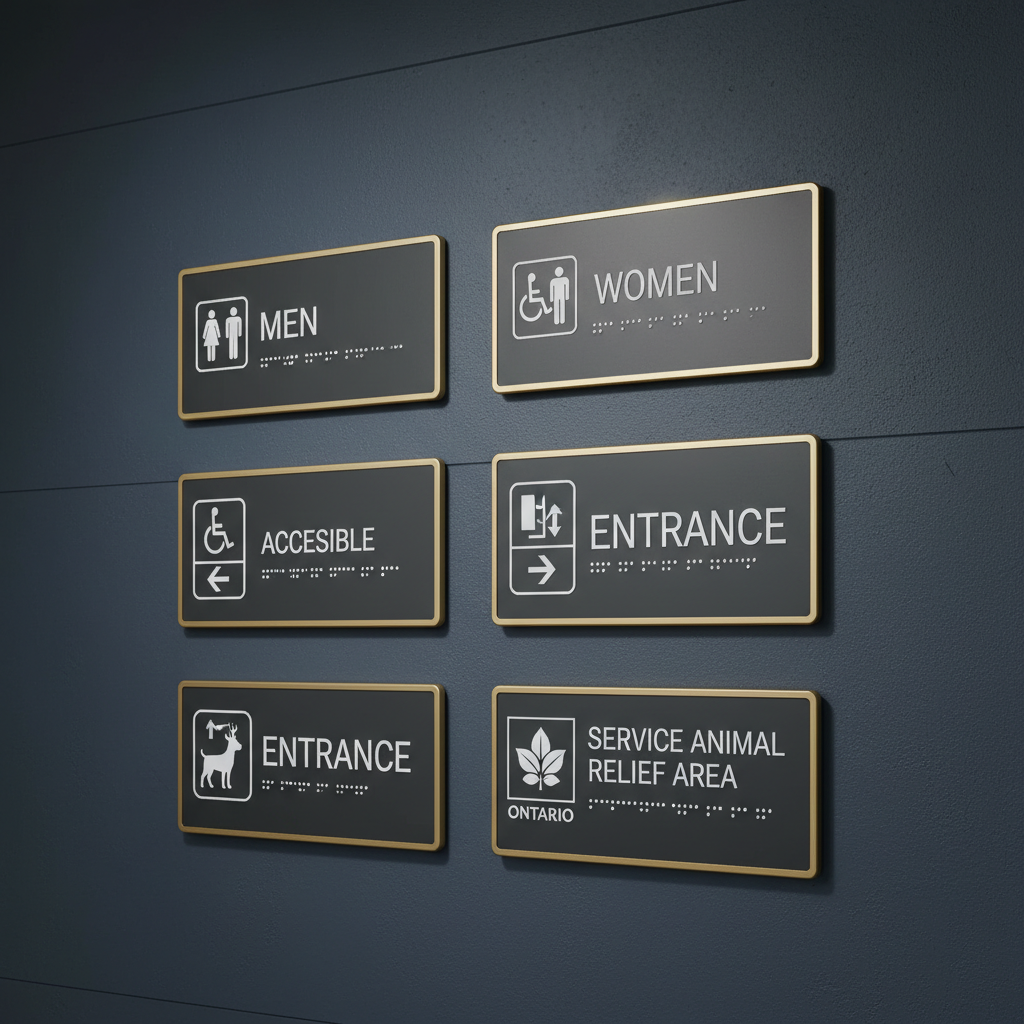 AODA Washroom & Entrance Sign Kit (6-pack) backed by 7-Year Warranty, Made in Canada, compliance for Ontario businesses