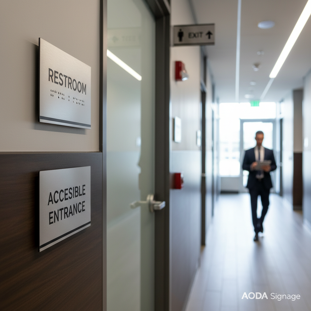AODA Washroom & Entrance Sign Kit (6-pack) in action — compliance delivered to local businesses across the Niagara Region Ontario
