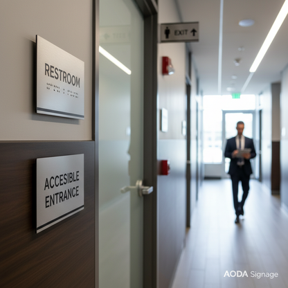 AODA Washroom & Entrance Sign Kit (6-pack) in action — compliance delivered to local businesses across the Niagara Region Ontario