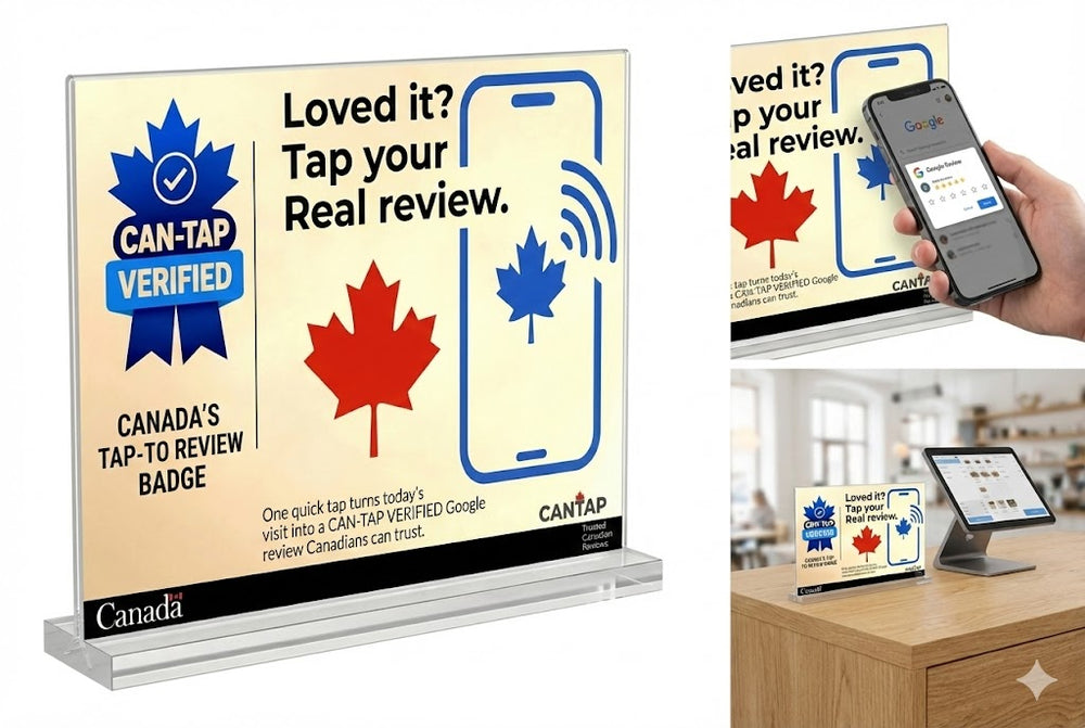 Google Review Tap Card Stand on Business Counter - NFC Review Kit Canada