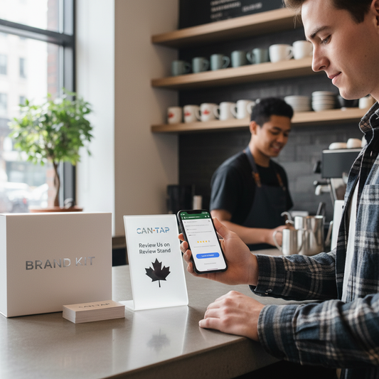 Brand + Reviews Bundle — Brand Kit + CAN-TAP NFC Review Stand in action — nfc review delivered to local businesses across the Niagara Reg...