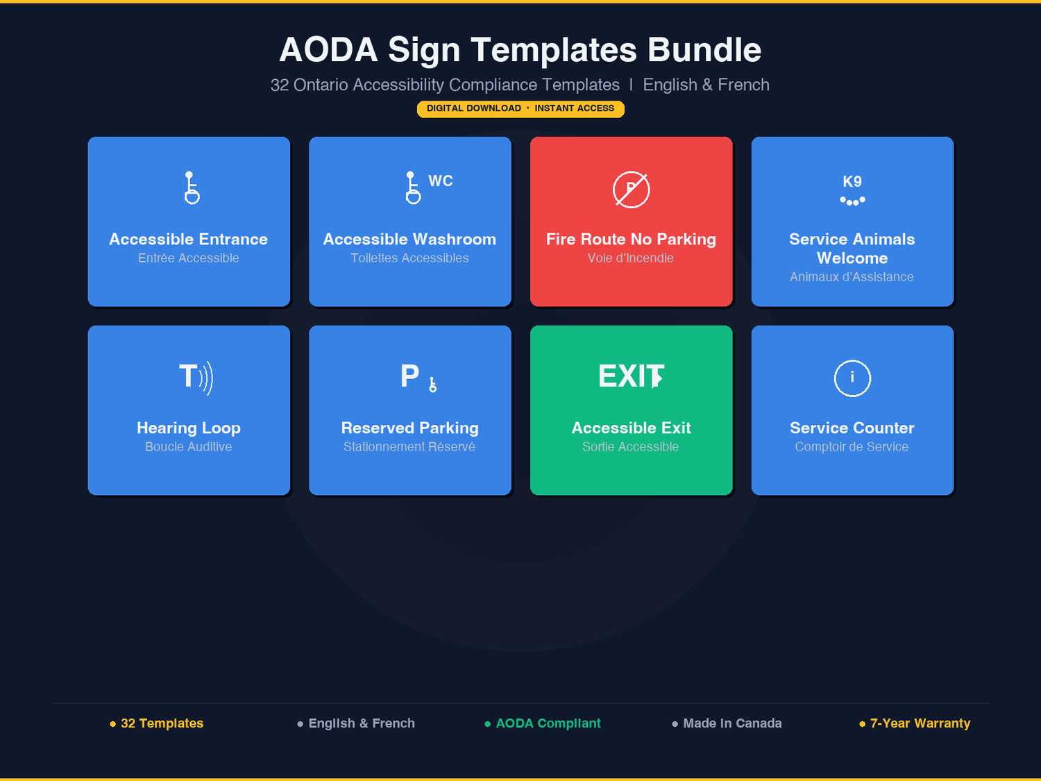 AODA accessibility sign templates bundle showing 32 Ontario compliance signs in English and French for businesses