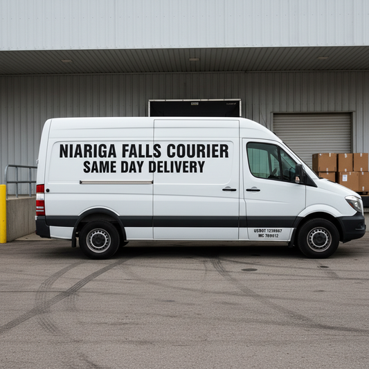 Niagara Falls courier van with professional vinyl lettering - DOT compliant commercial vehicle graphics