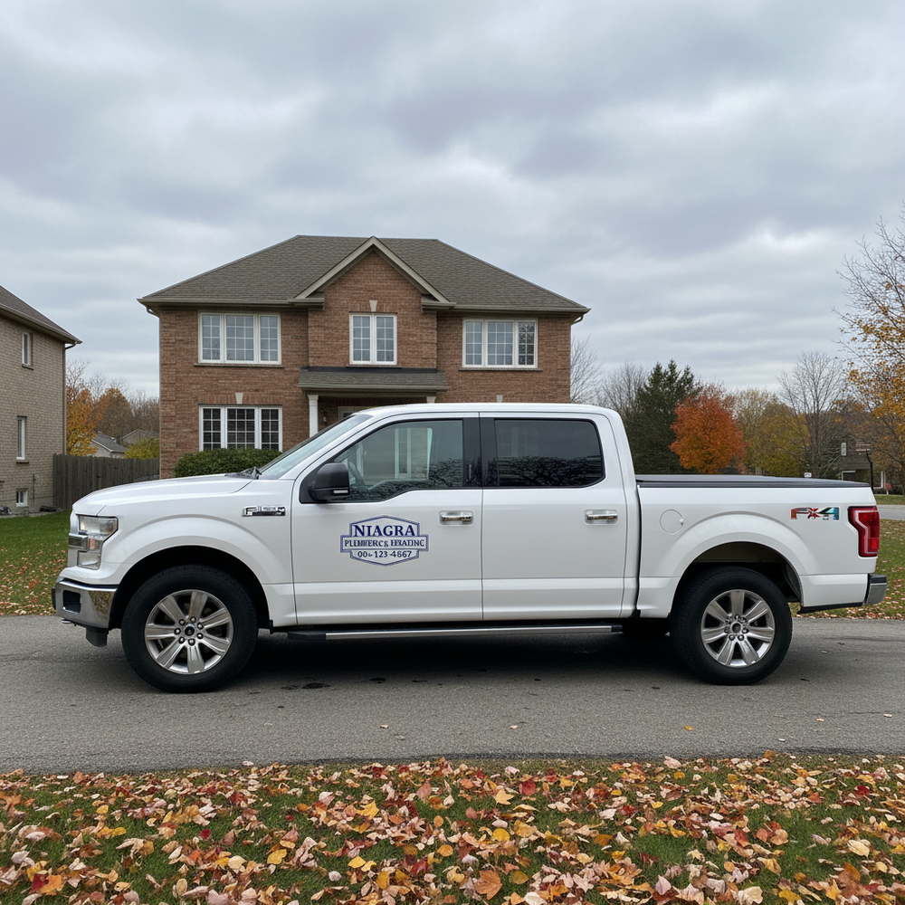 Custom truck door decal for Niagara plumbing company on white Ford F-150 - professional vinyl graphics