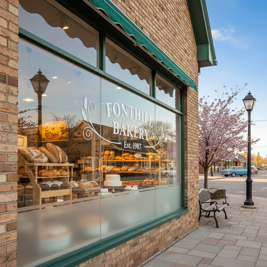 Frosted window vinyl graphics for Fonthill bakery storefront - custom business signage Ontario